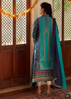 Pakistani Turquoise Navy Embroidered Raw Silk Salwar Kameez (2-Piece) - Image 7