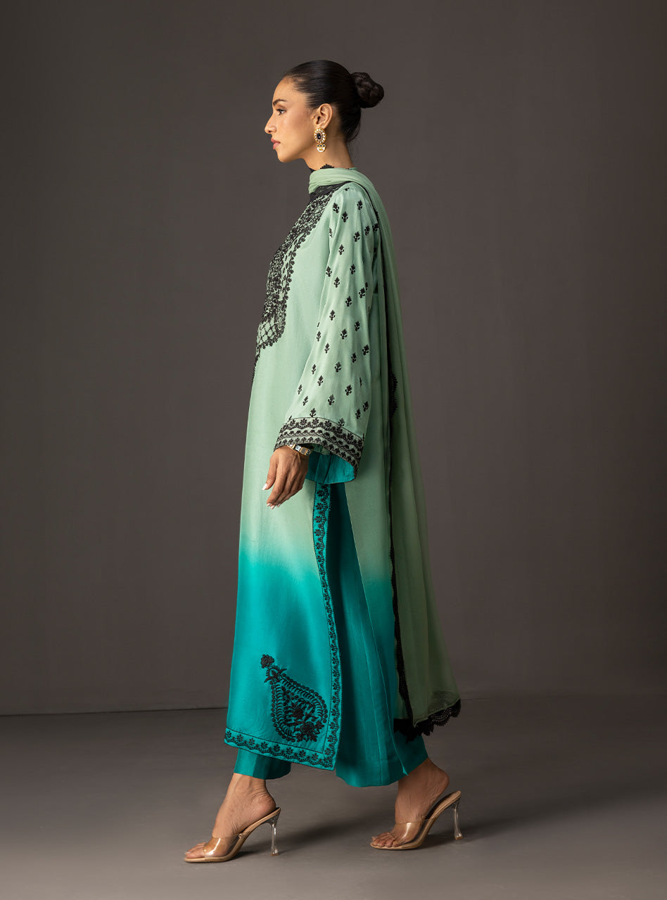 Mint to Turquoise Embroidered Raw Silk Salwar Kameez (3-Piece) - Image 5