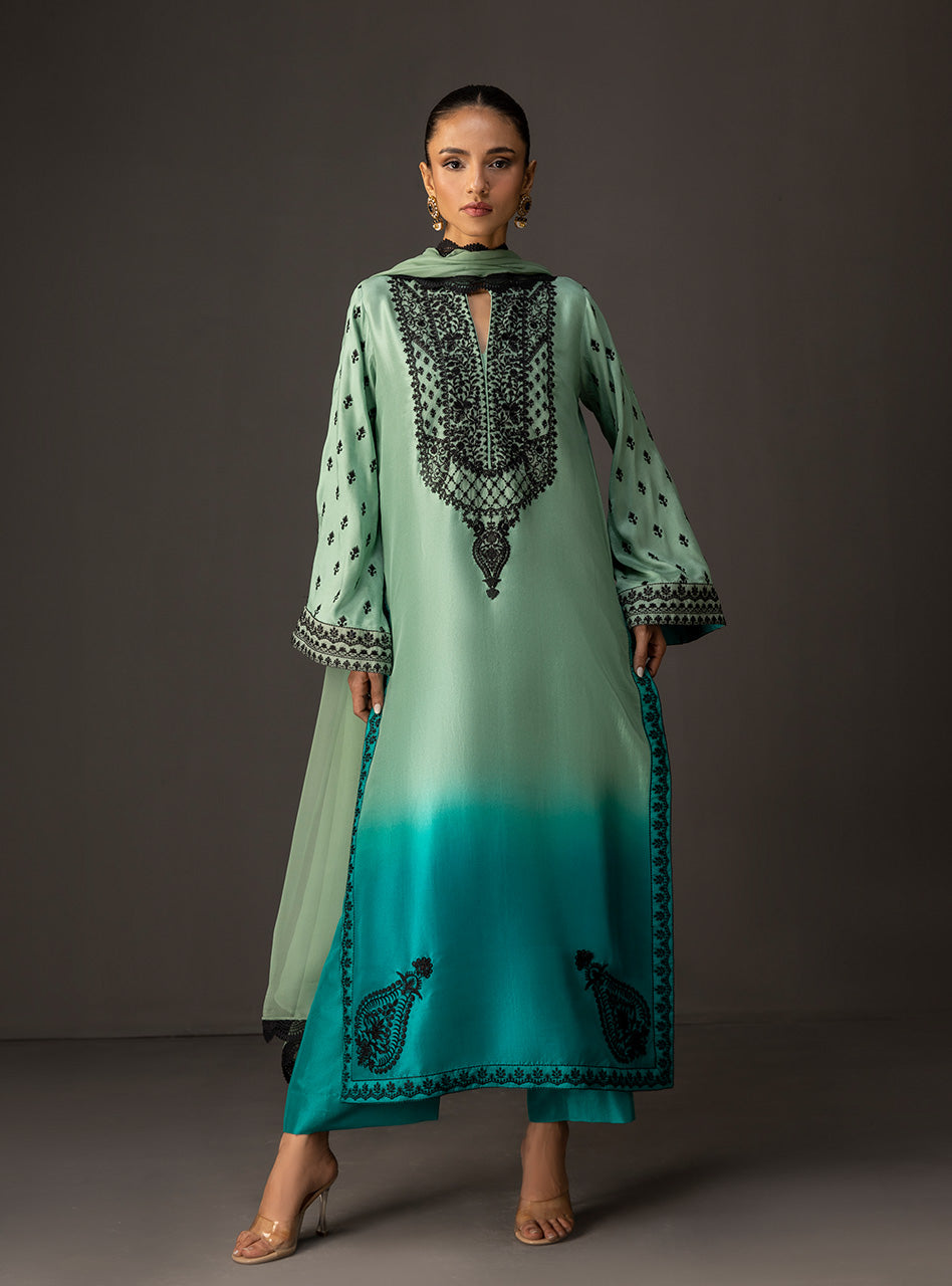 Pakistani Mint to Turquoise Embroidered Raw Silk Salwar Kameez (3-Piece) - Image 1