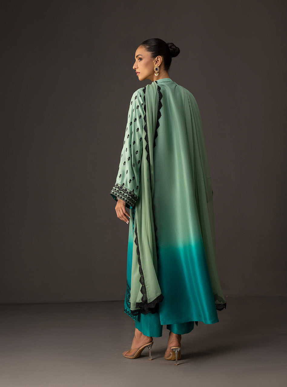 Pakistani Mint to Turquoise Embroidered Raw Silk Salwar Kameez (3-Piece) - Image 2