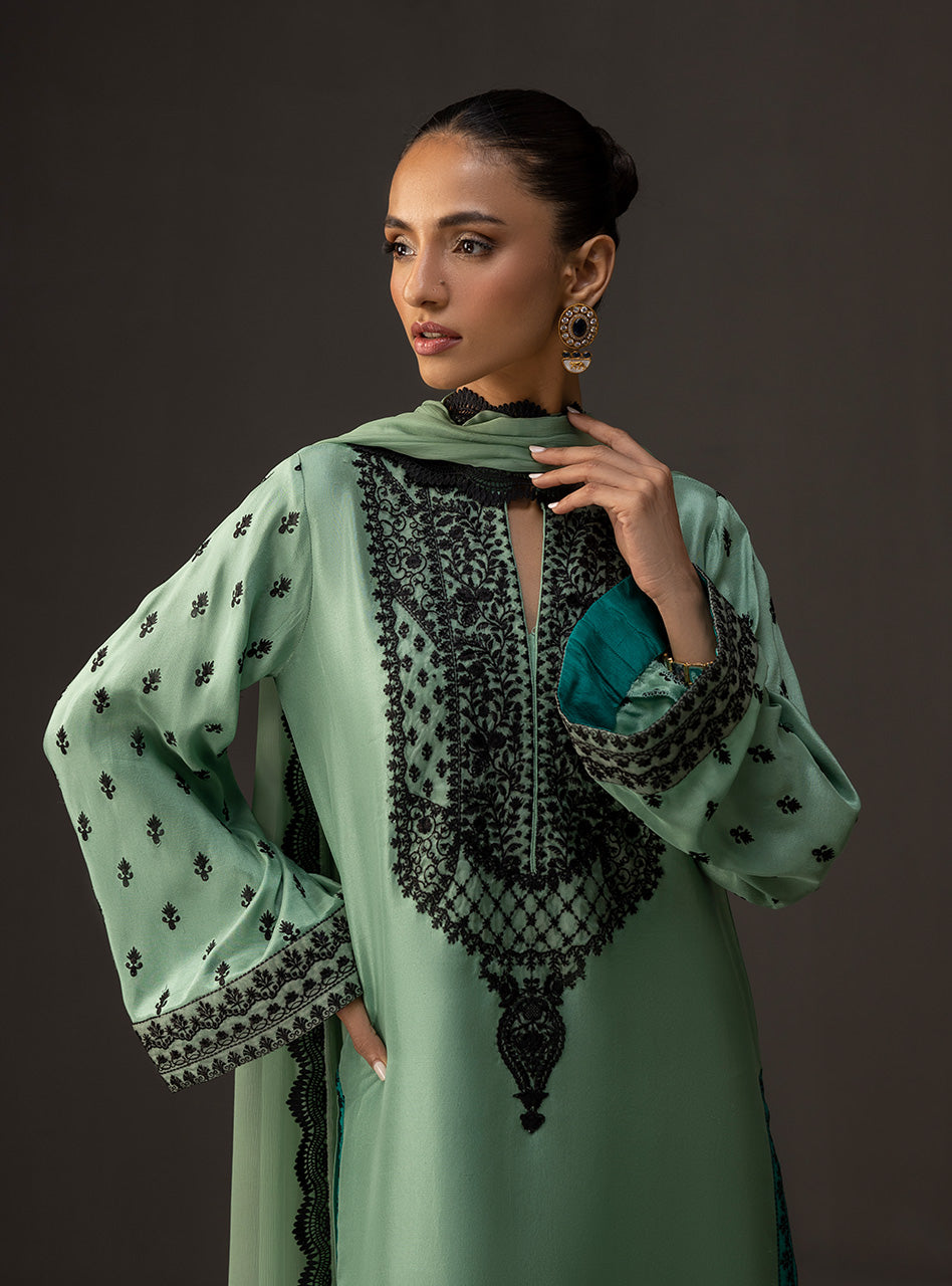 Pakistani Mint to Turquoise Embroidered Raw Silk Salwar Kameez (3-Piece) - Image 4