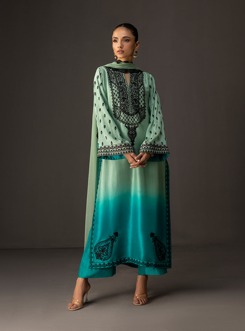 Pakistani Mint to Turquoise Embroidered Raw Silk Salwar Kameez (3-Piece) - Image 7