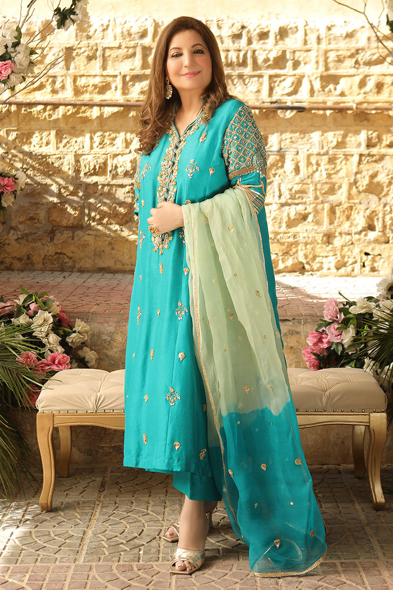 Pakistani Turquoise Embroidered Pure Raw Silk Salwar Kameez (3-Piece) - Image 1