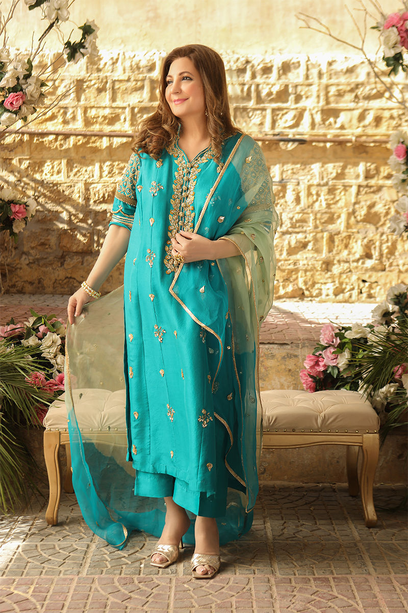 Pakistani Turquoise Embroidered Pure Raw Silk Salwar Kameez (3-Piece) - Image 2