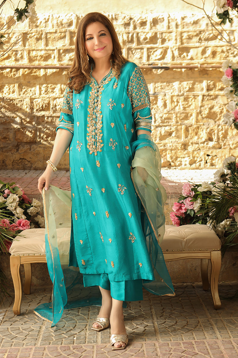 Pakistani Turquoise Embroidered Pure Raw Silk Salwar Kameez (3-Piece) - Image 3