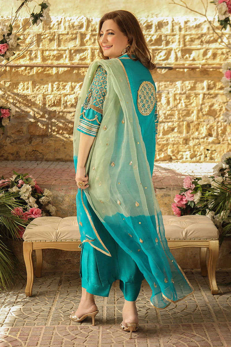 Pakistani Turquoise Embroidered Pure Raw Silk Salwar Kameez (3-Piece) - Image 4