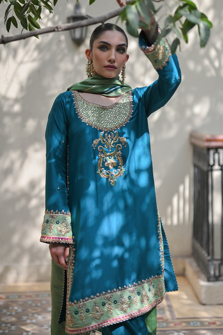 Pakistani Deep Turquoise Zardozi Silk Salwar Kameez (3-Piece) - Image 1