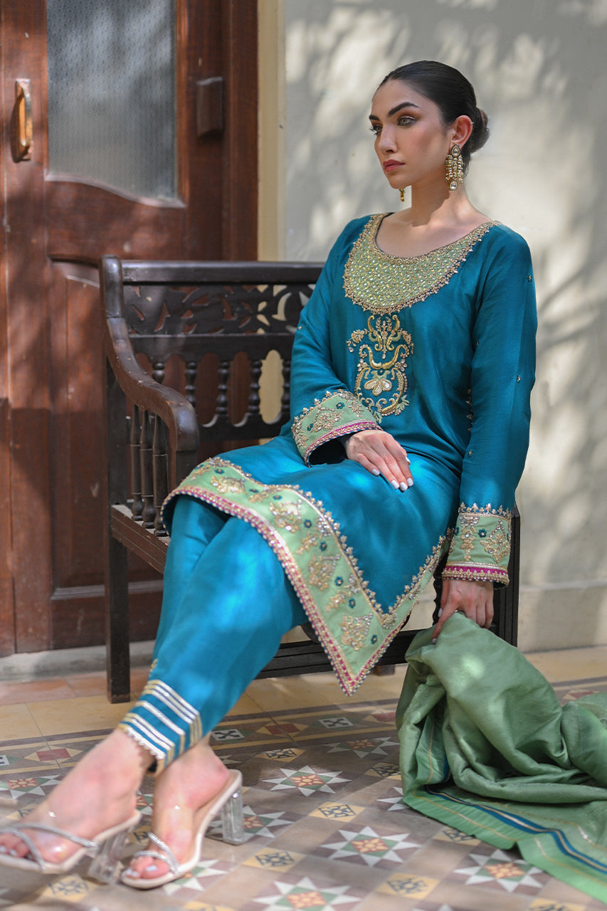 Pakistani Deep Turquoise Zardozi Silk Salwar Kameez (3-Piece) - Image 4