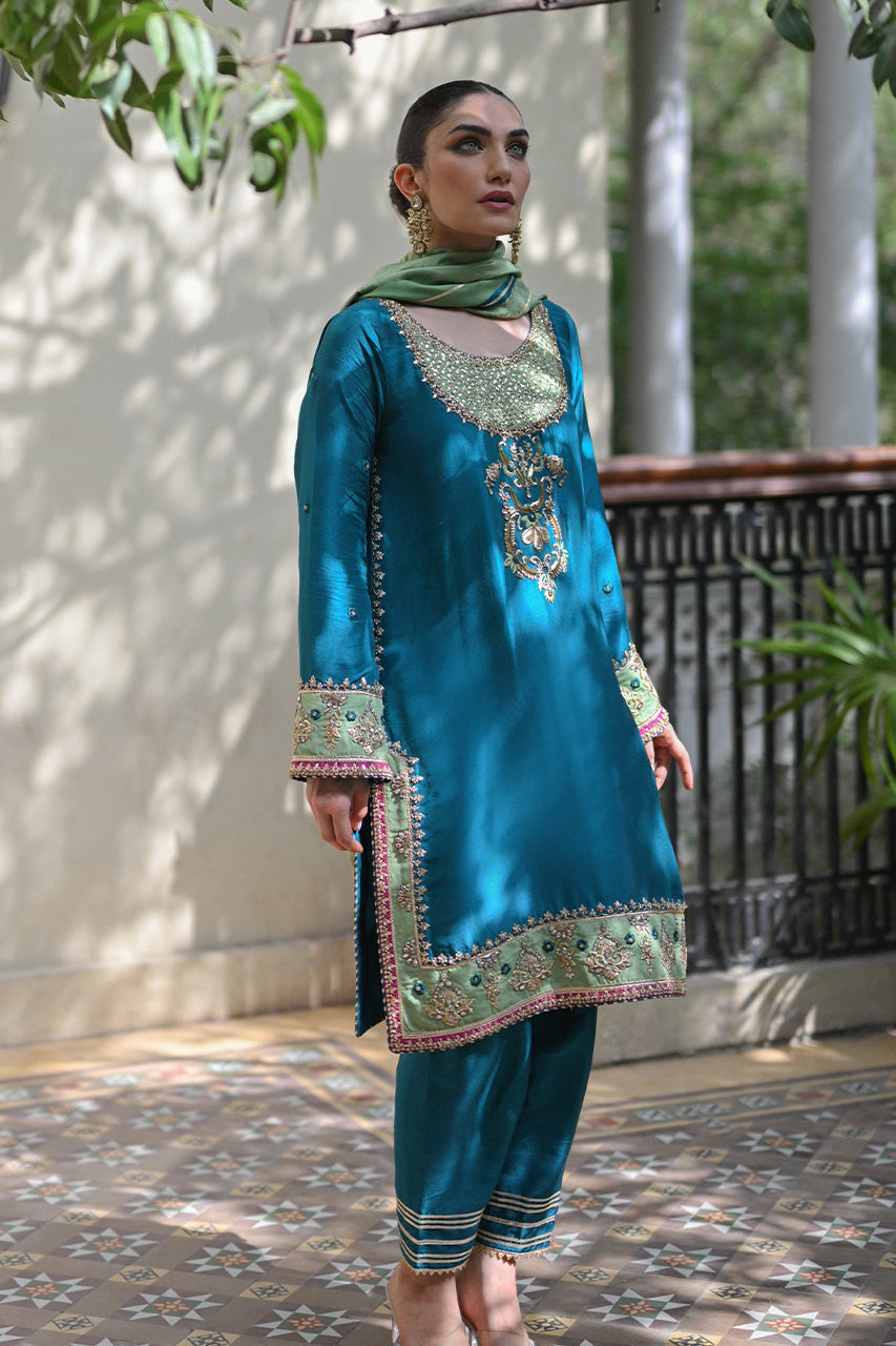 Pakistani Deep Turquoise Zardozi Silk Salwar Kameez (3-Piece) - Image 5