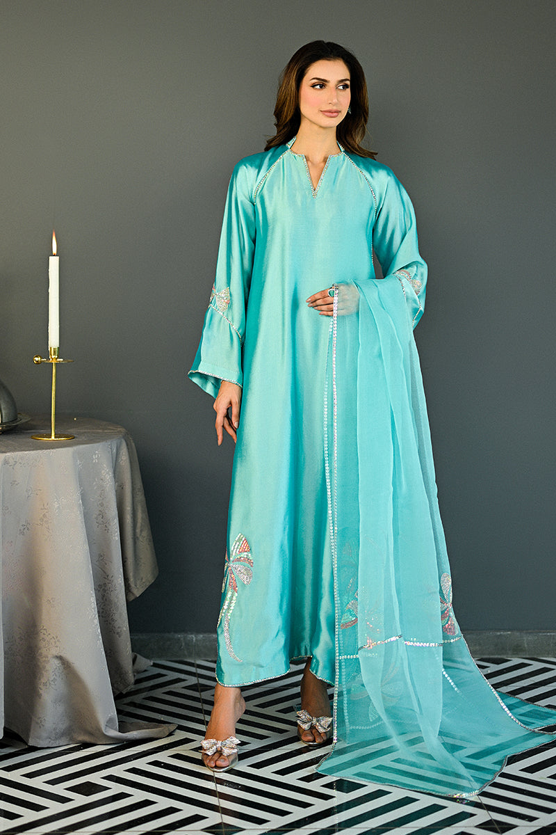 Turquoise Swarovski Sheesha Silk Salwar Kameez (3-Piece) - Image 1