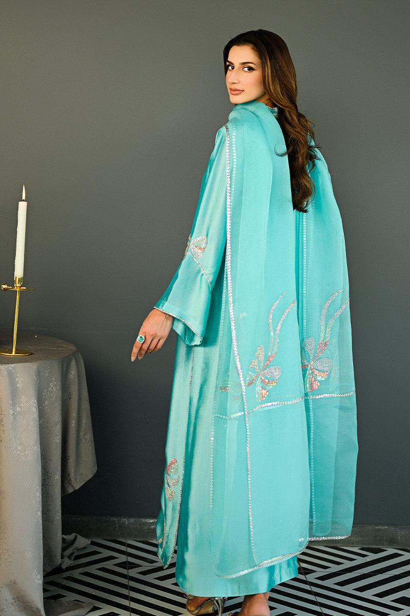 Turquoise Swarovski Sheesha Silk Salwar Kameez (3-Piece) - Image 2