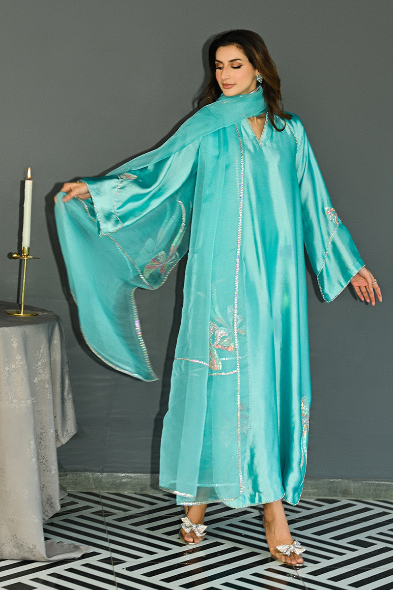 Turquoise Swarovski Sheesha Silk Salwar Kameez (3-Piece) - Image 4