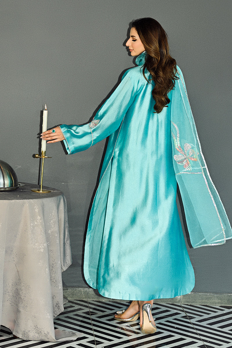 Turquoise Swarovski Sheesha Silk Salwar Kameez (3-Piece) - Image 5