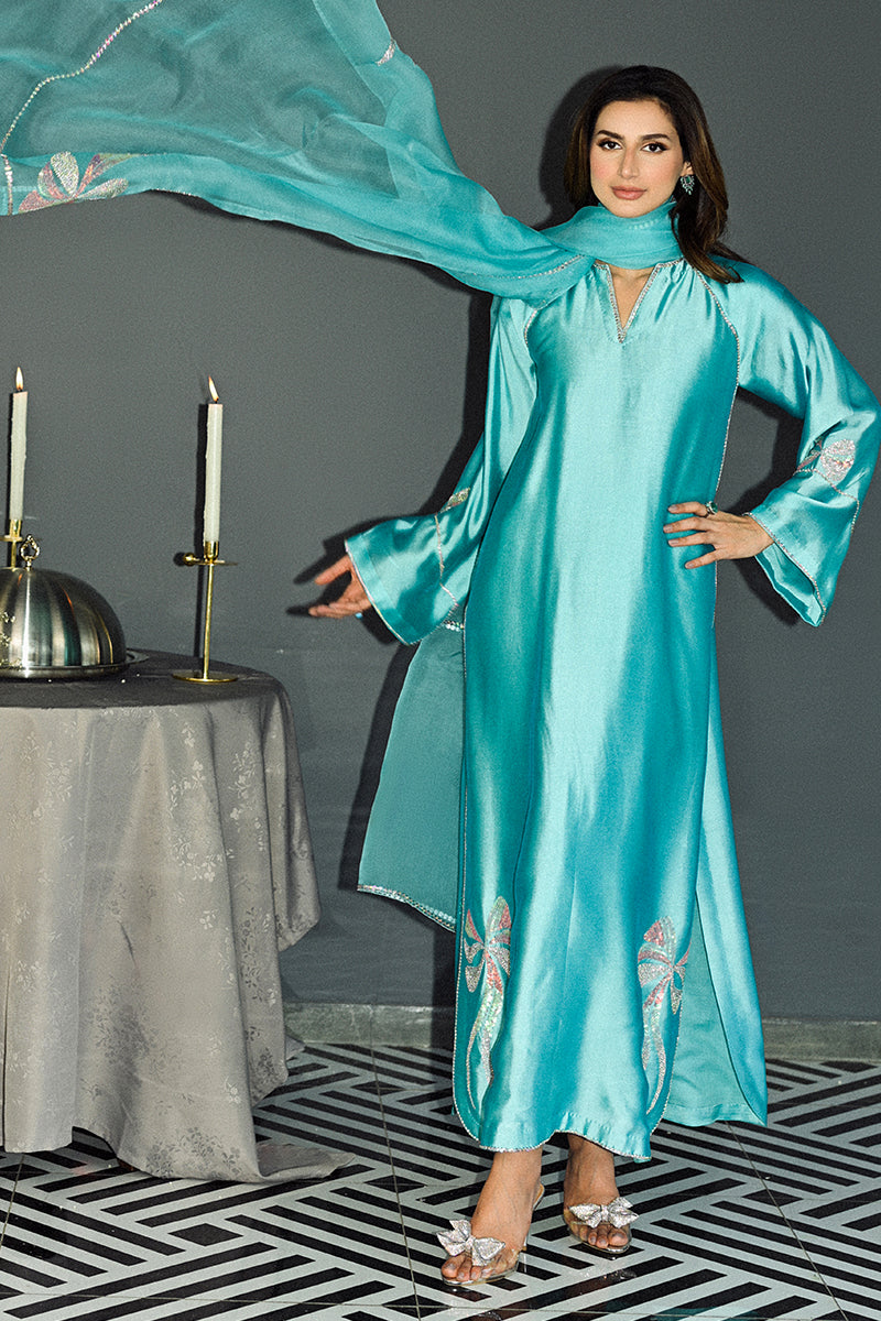 Turquoise Swarovski Sheesha Silk Salwar Kameez (3-Piece) - Image 6