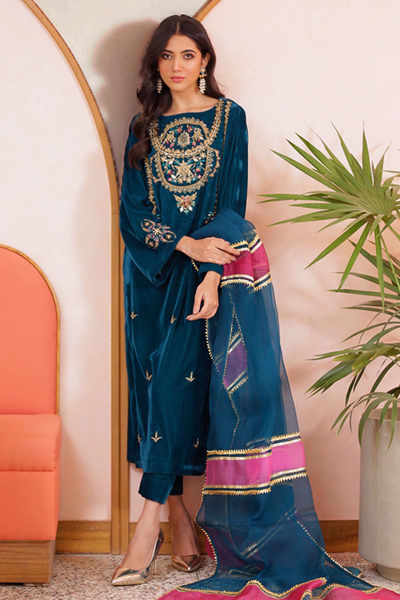 Pakistani Deep Turquoise Embroidered Velvet Salwar Kameez (3-Piece) - Image 1