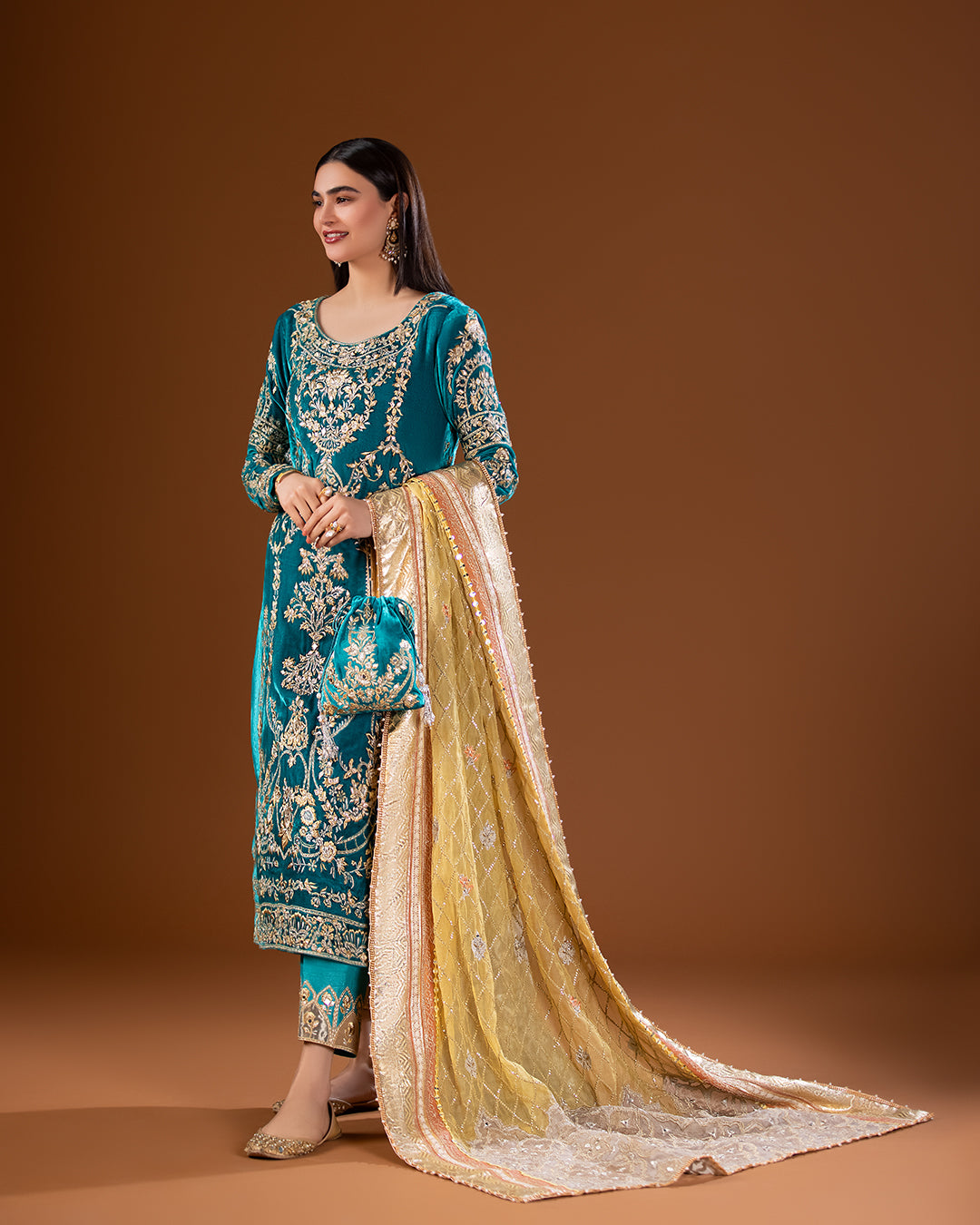 Pakistani Turquoise Embroidered Velvet Salwar Kameez (3-Piece) - Image 5