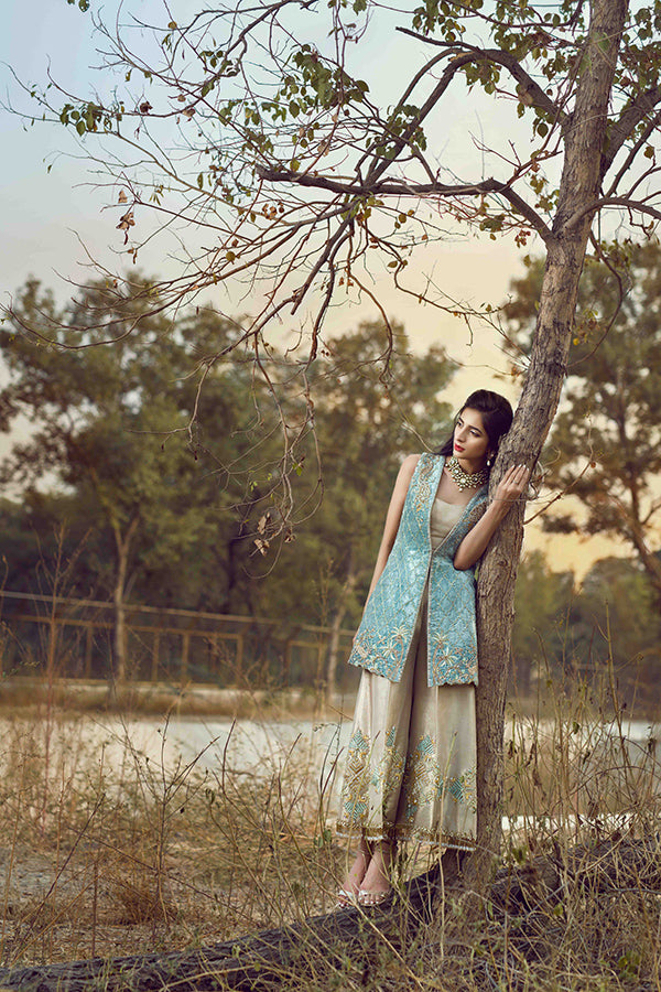 Turquoise Embellished Velvet Jacket 3-Piece Set - Image 3