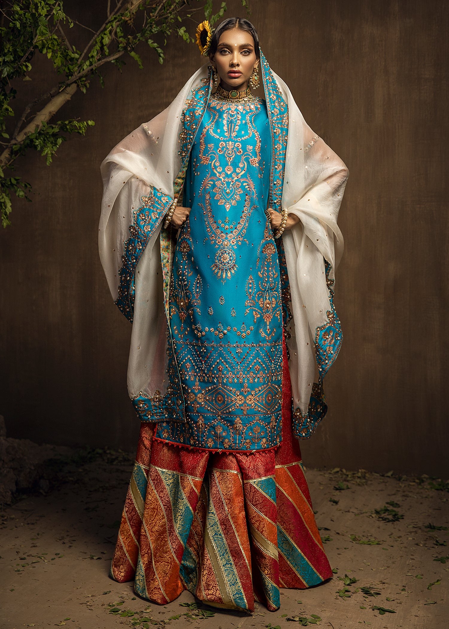 Pakistani Turquoise Hand-Embellished Silk Sharara (3-Piece) - Image 1