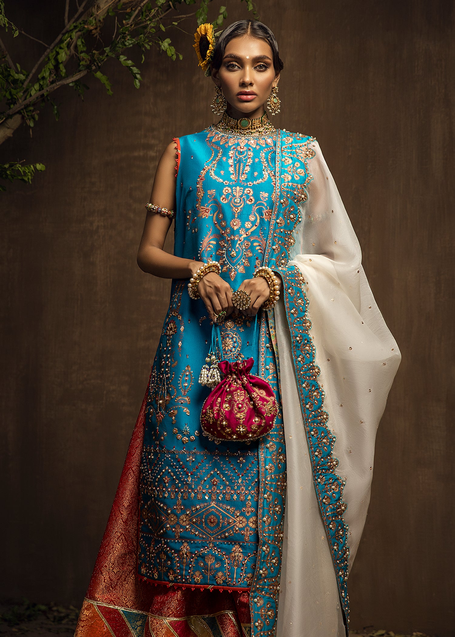 Pakistani Turquoise Hand-Embellished Silk Sharara (3-Piece) - Image 3