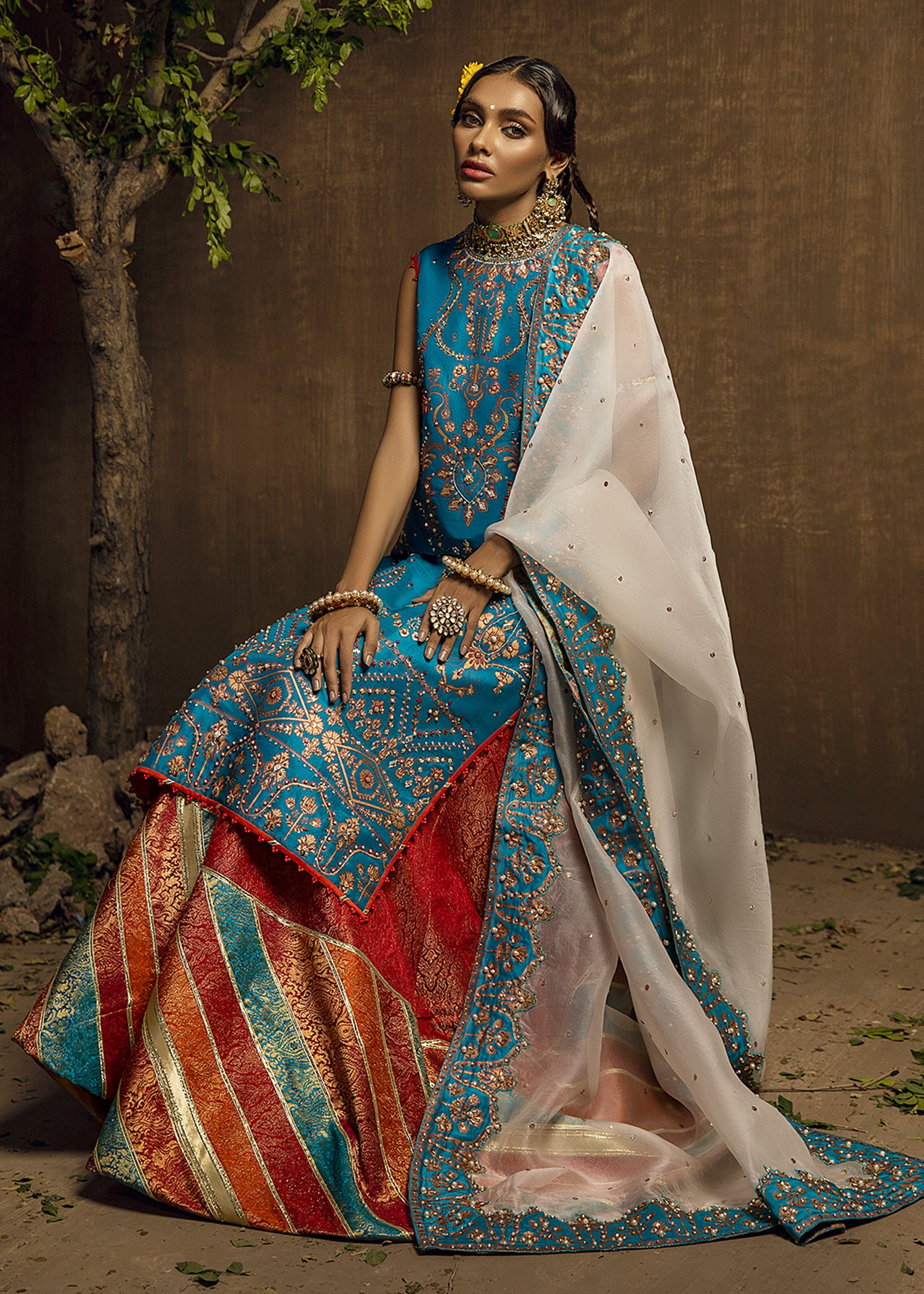 Pakistani Turquoise Hand-Embellished Silk Sharara (3-Piece) - Image 5