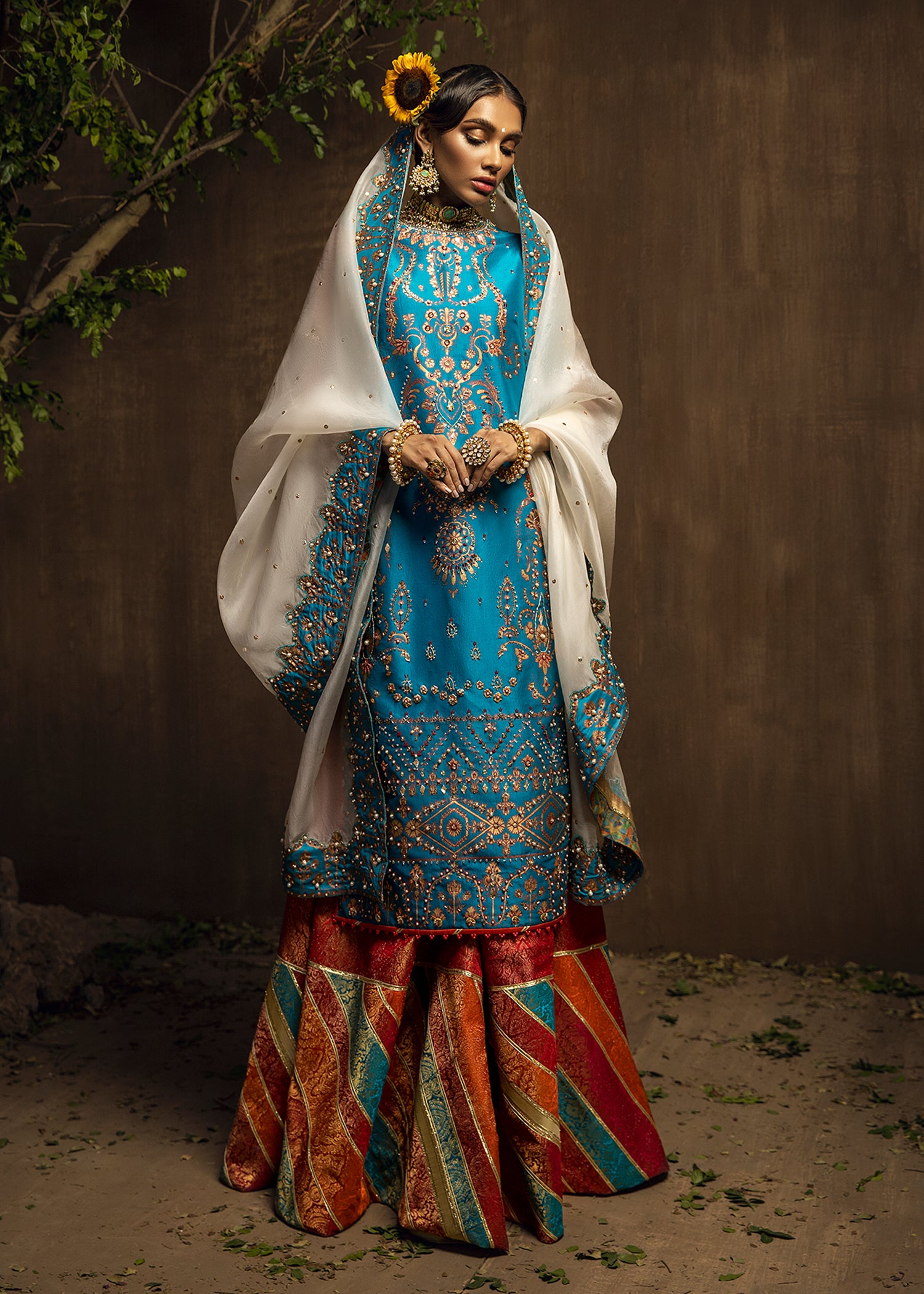 Indian Turquoise Hand-Embellished Brocade Sharara (3-Piece) - Image 2