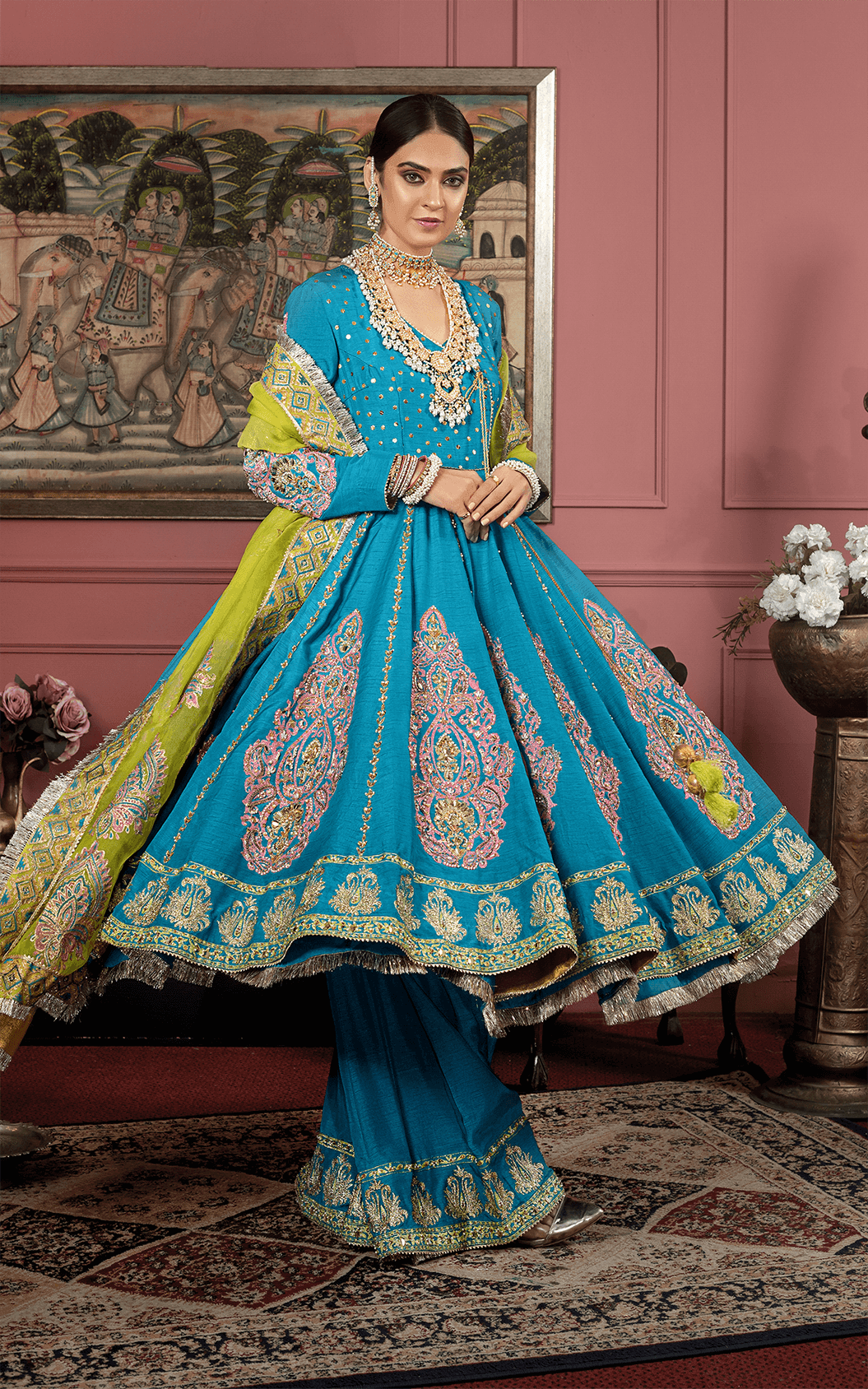 Pakistani Turquoise Embroidered Silk-Blend Angrakha Sharara (3-Piece) - Image 1