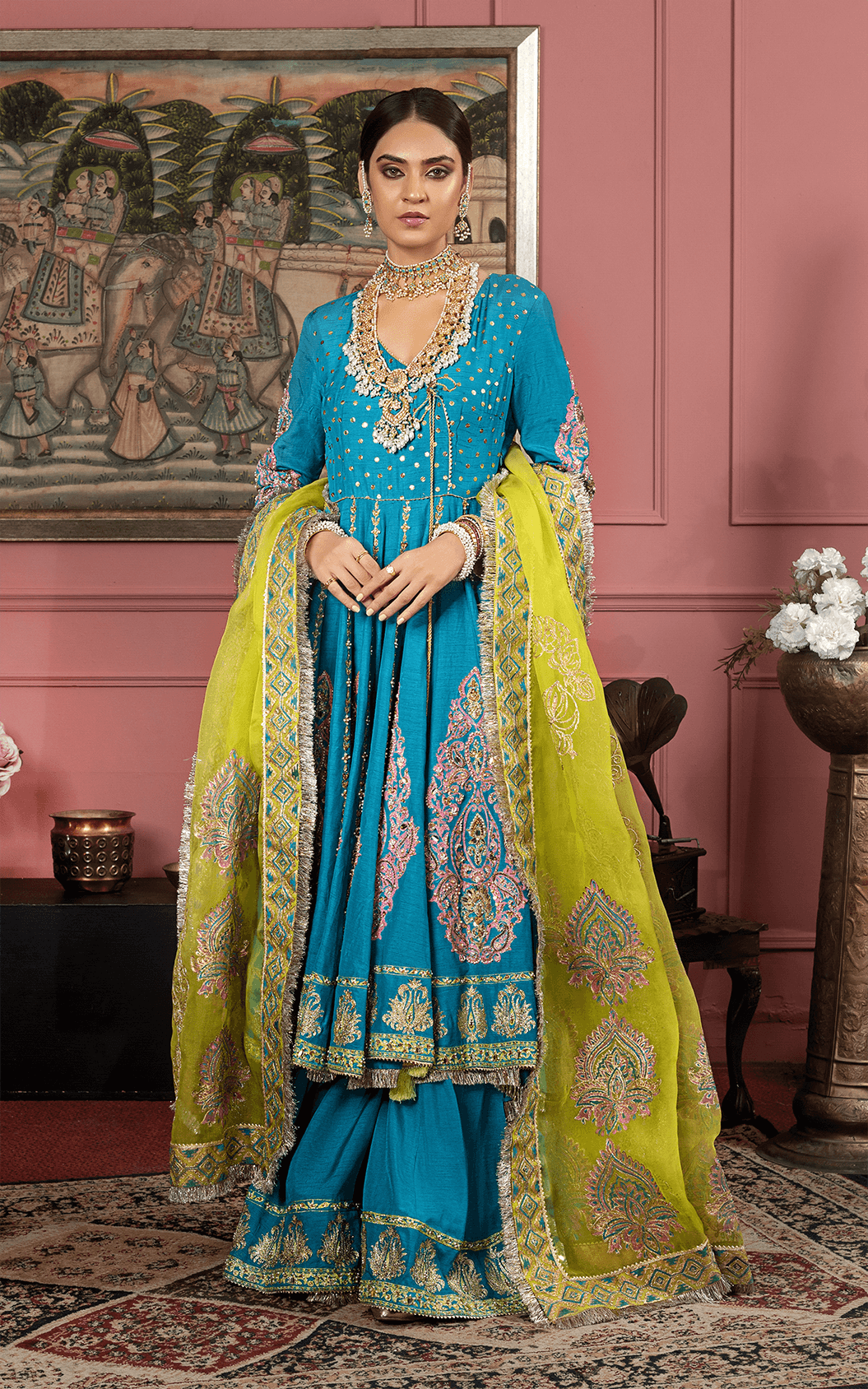 Pakistani Turquoise Embroidered Silk-Blend Angrakha Sharara (3-Piece) - Image 2