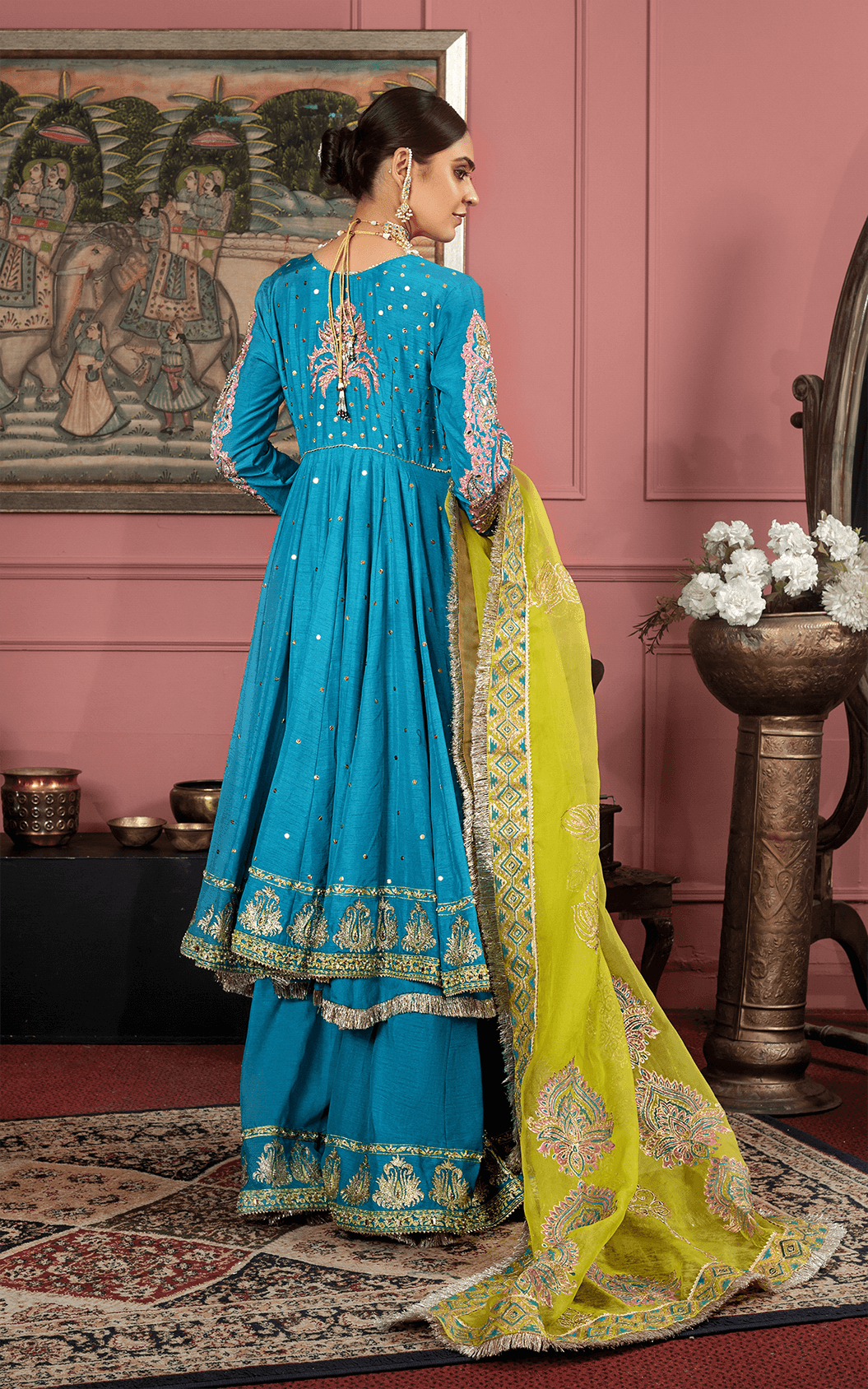 Pakistani Turquoise Embroidered Silk-Blend Angrakha Sharara (3-Piece) - Image 3