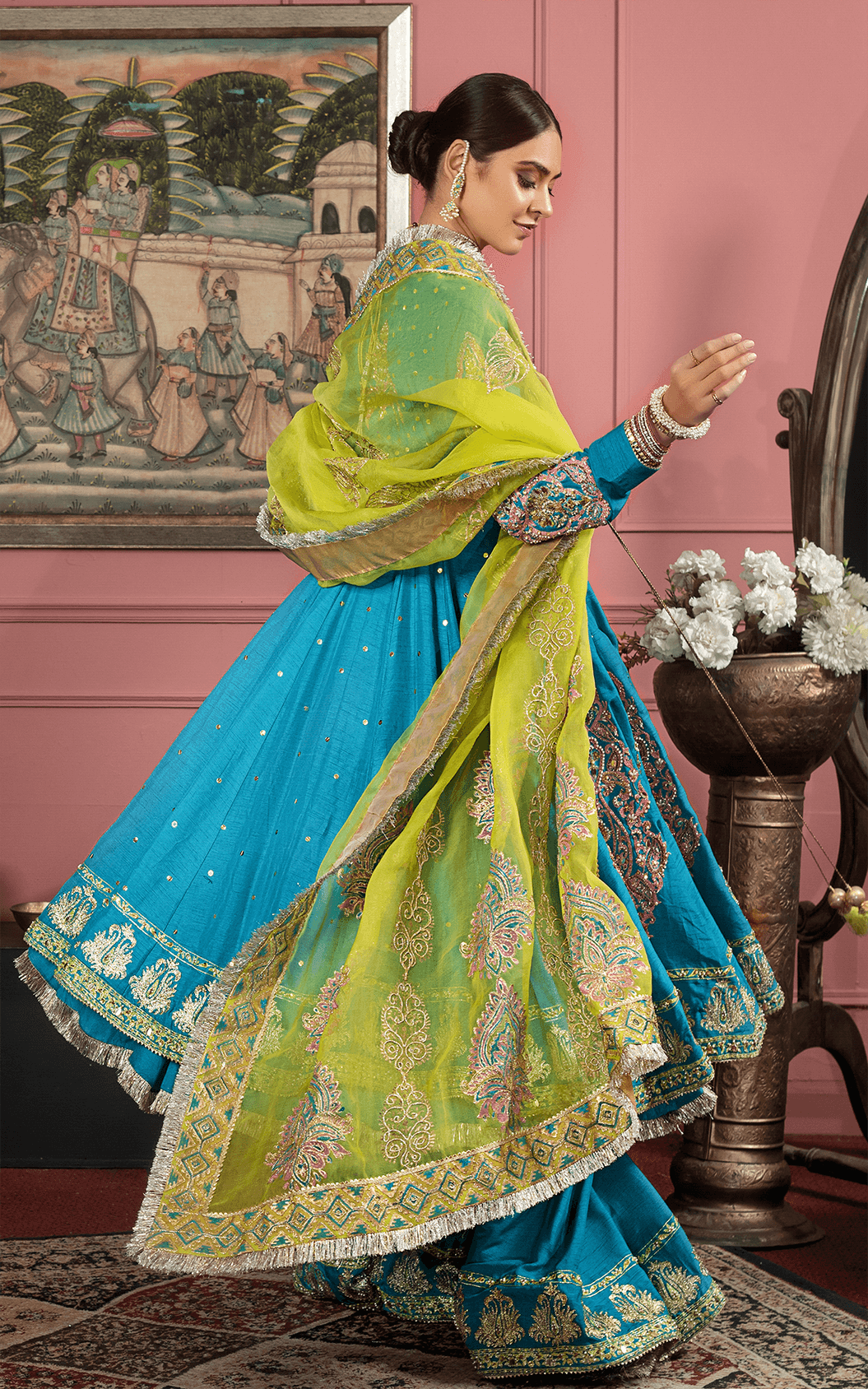 Pakistani Turquoise Embroidered Silk-Blend Angrakha Sharara (3-Piece) - Image 4
