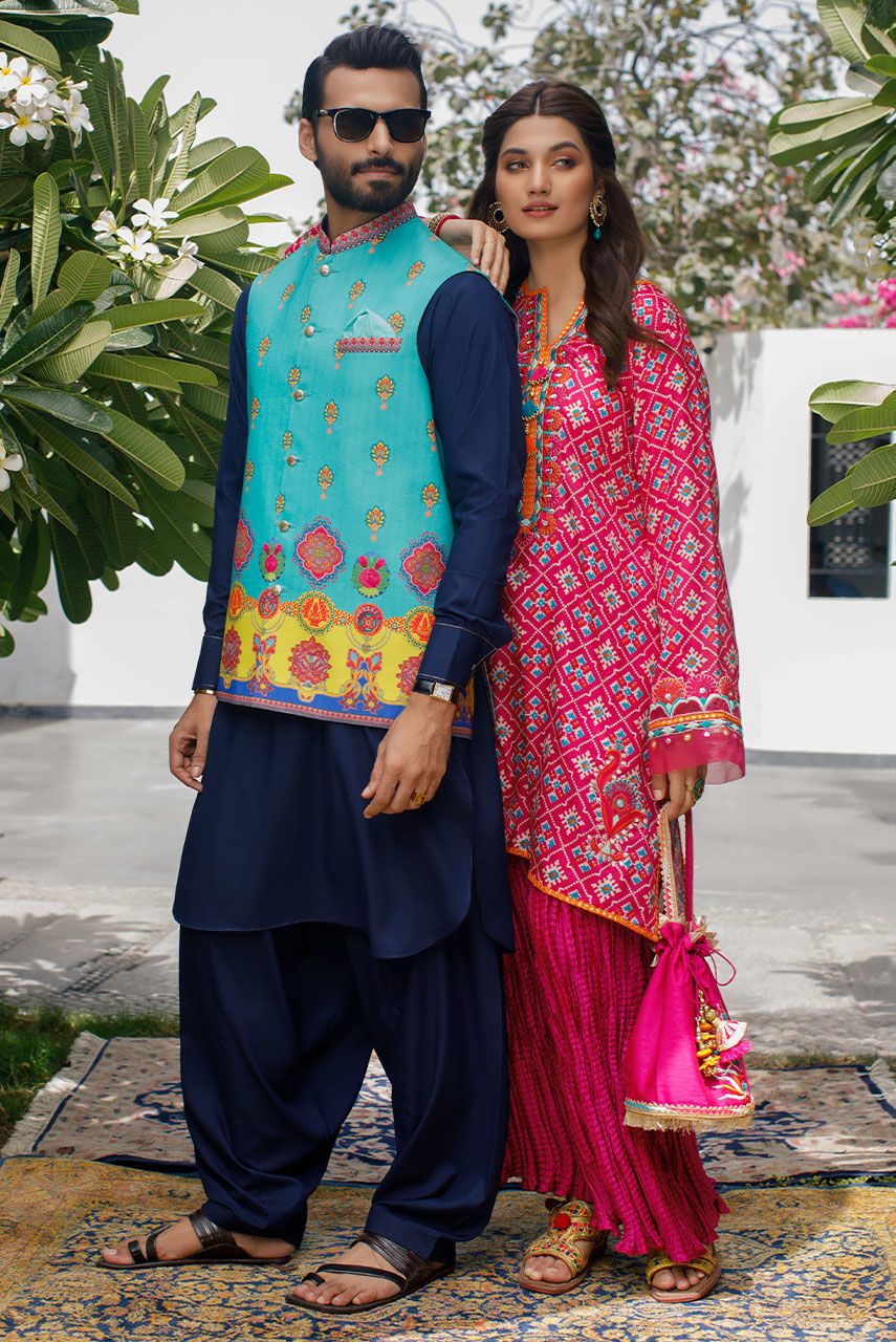 Turquoise Digital-Print Raw Silk Waistcoat Kurta (3-Piece) - Image 1