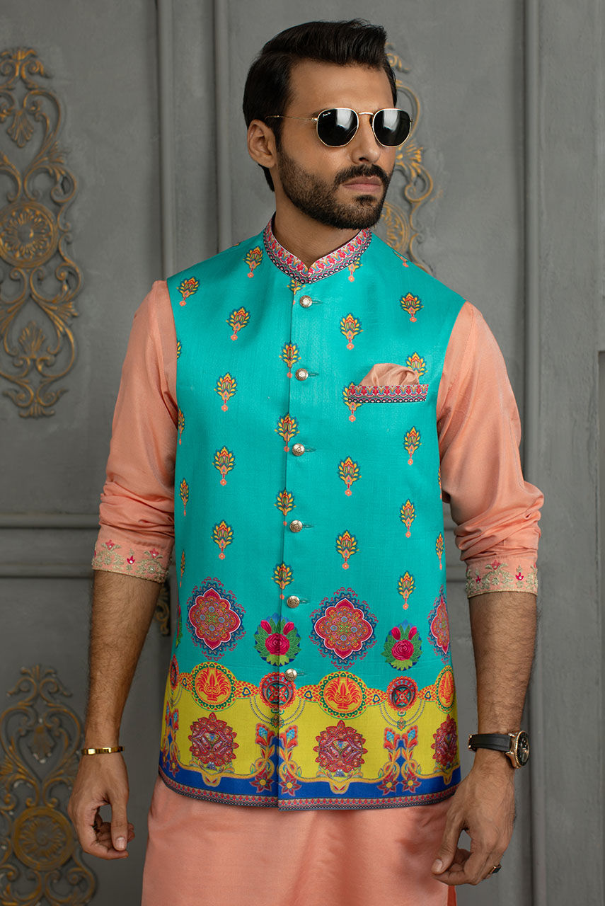 Turquoise Digital Print Raw Silk Waistcoat (3-Piece) - Image 2