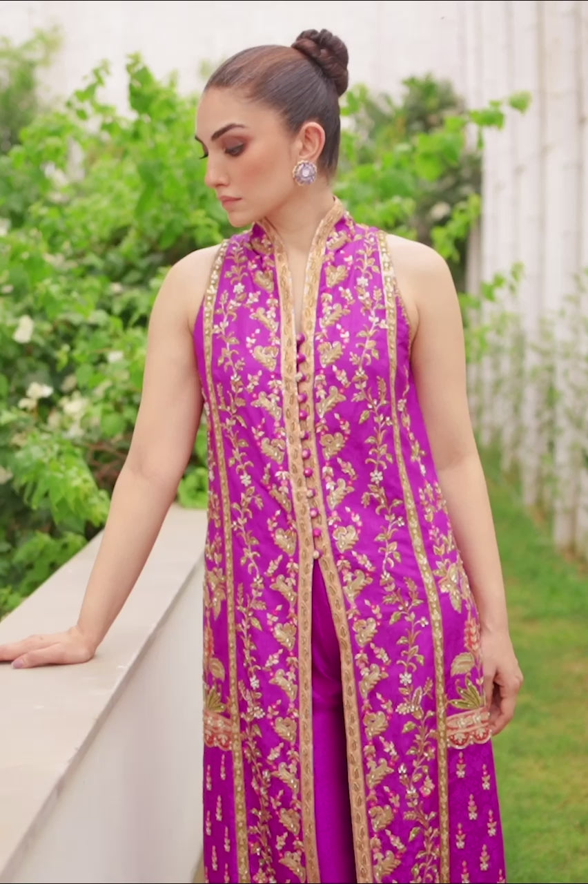 Royal Violet Zardozi Jamawar Kaftan (2-Piece) - Image 5