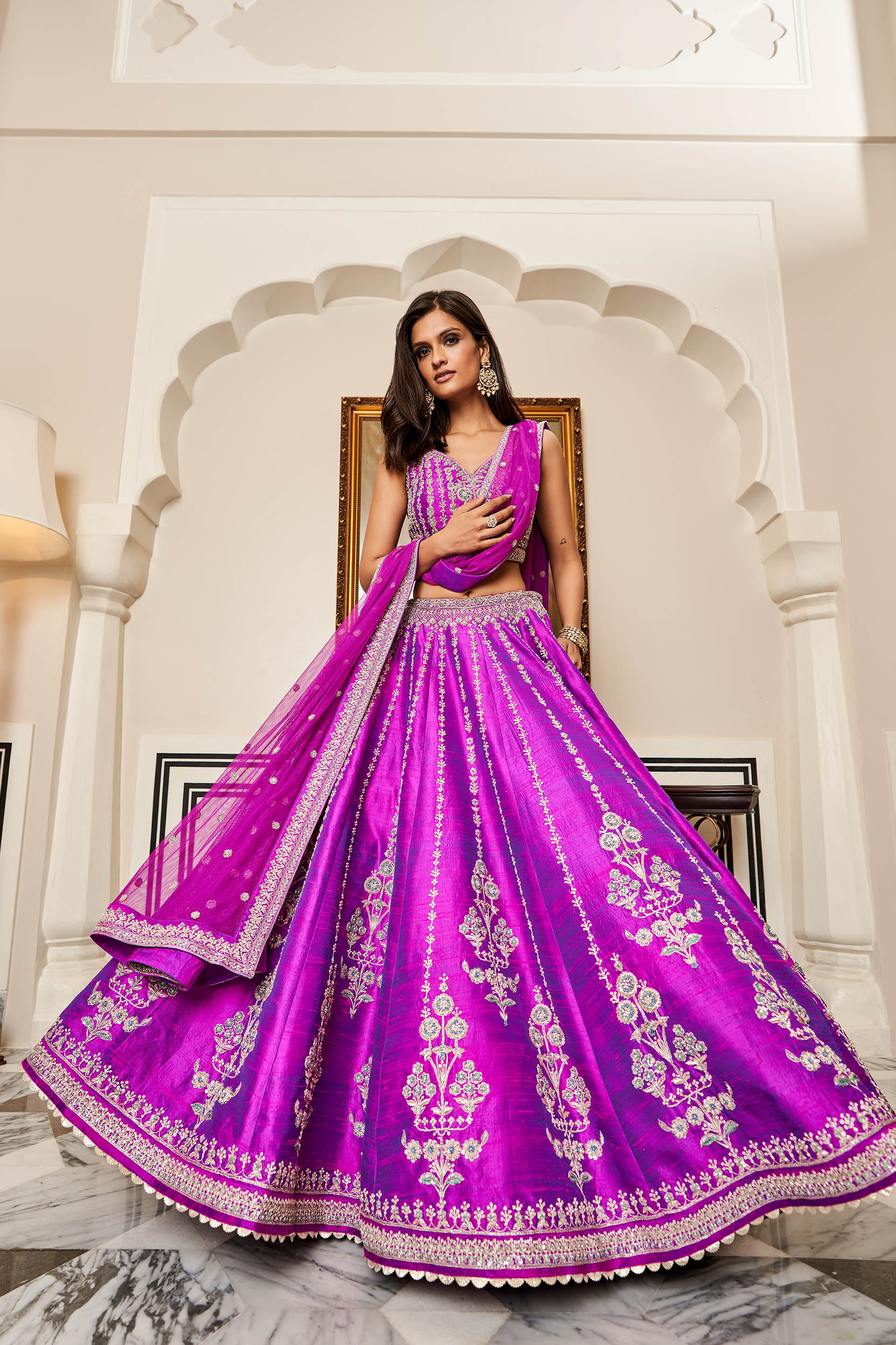 Vivid Violet Embroidered Silk Lehenga Set (3-Piece) - Image 1
