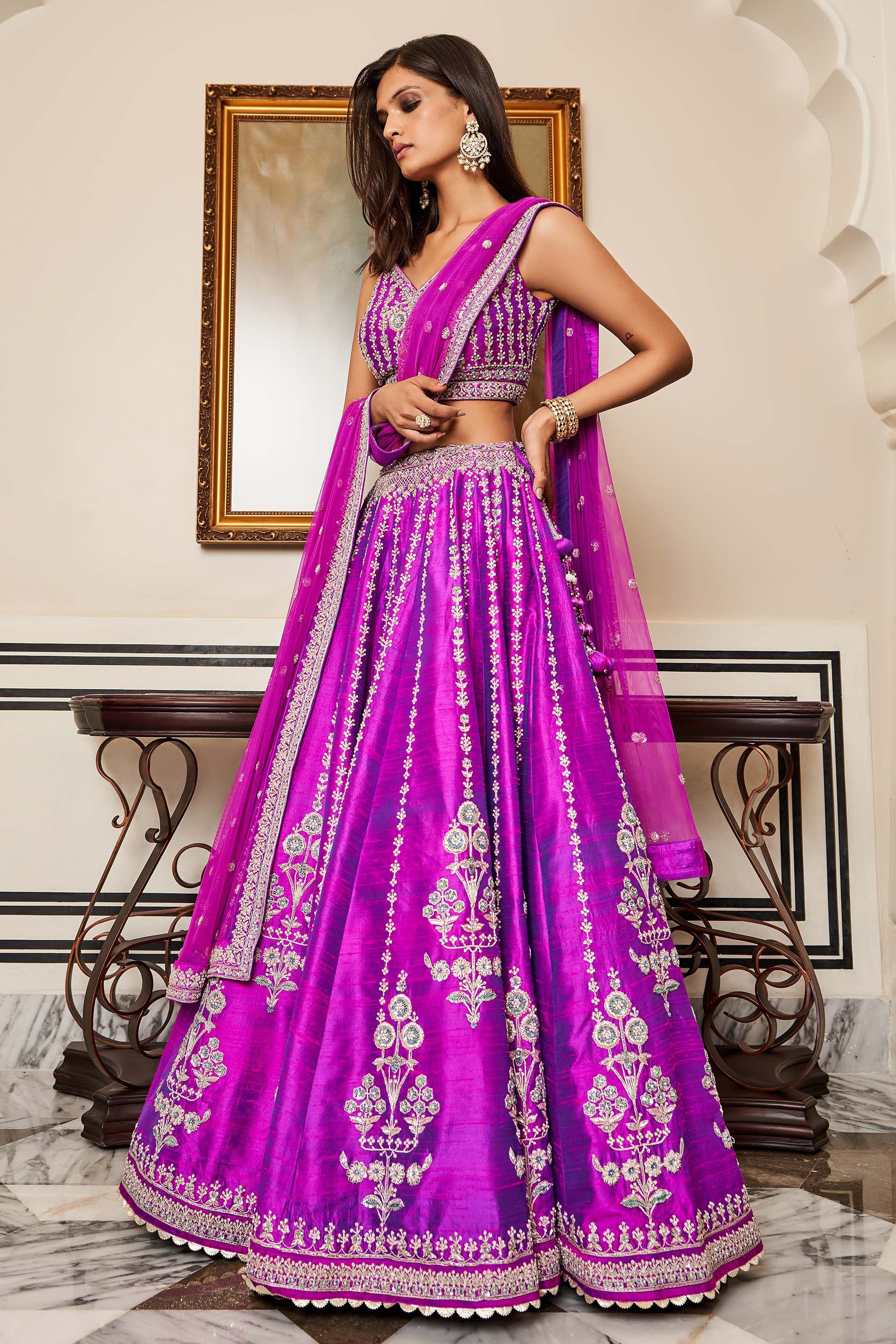 Vivid Violet Embroidered Silk Lehenga Set (3-Piece) - Image 2