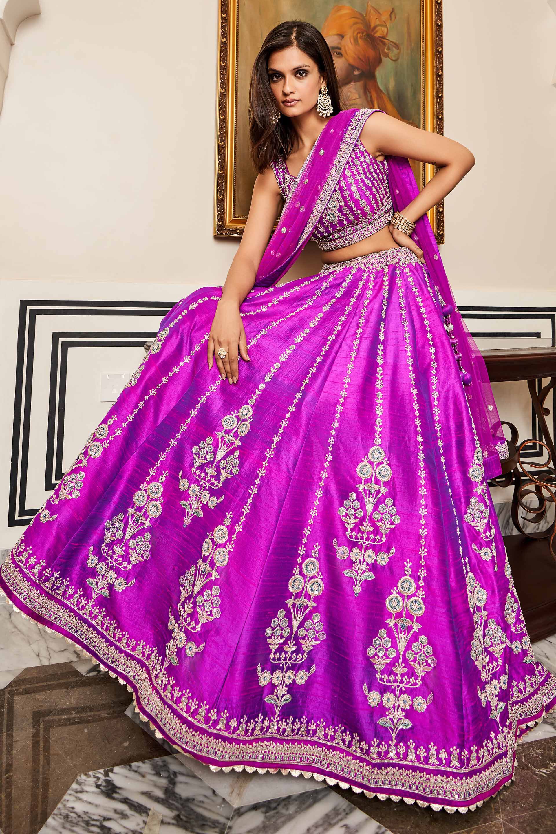 Vivid Violet Embroidered Silk Lehenga Set (3-Piece) - Image 4