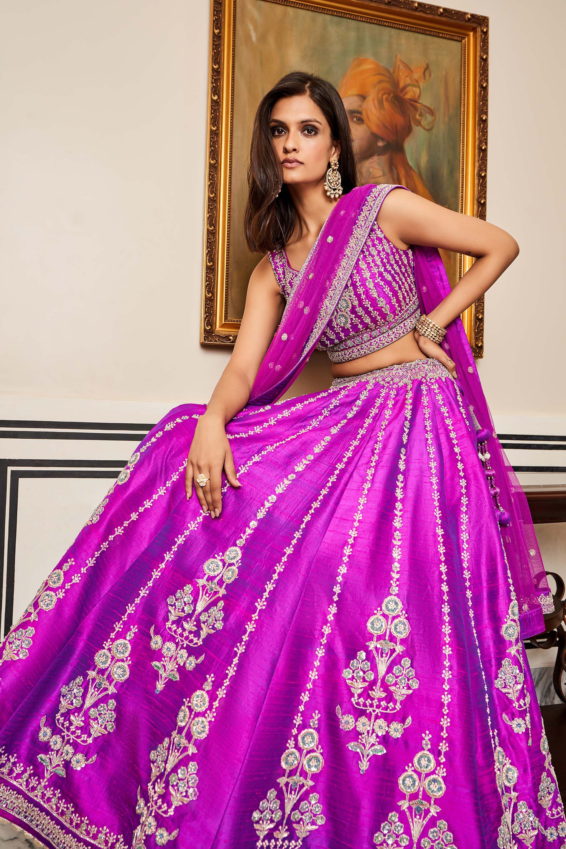 Vivid Violet Embroidered Silk Lehenga Set (3-Piece) - Image 5