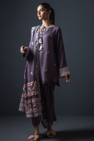 Chinese Violet Embroidered Cotton Silk Salwar Kameez (3-Piece) - Image 1