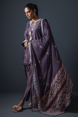 Chinese Violet Embroidered Cotton Silk Salwar Kameez (3-Piece) - Image 2