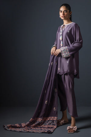 Chinese Violet Embroidered Cotton Silk Salwar Kameez (3-Piece) - Image 3