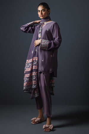 Chinese Violet Embroidered Cotton Silk Salwar Kameez (3-Piece) - Image 4