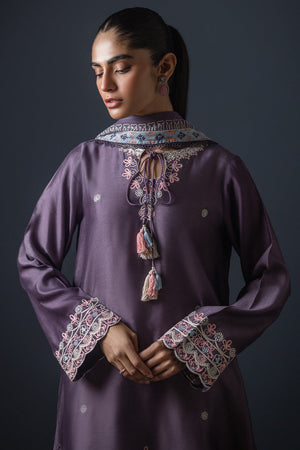Chinese Violet Embroidered Cotton Silk Salwar Kameez (3-Piece) - Image 5