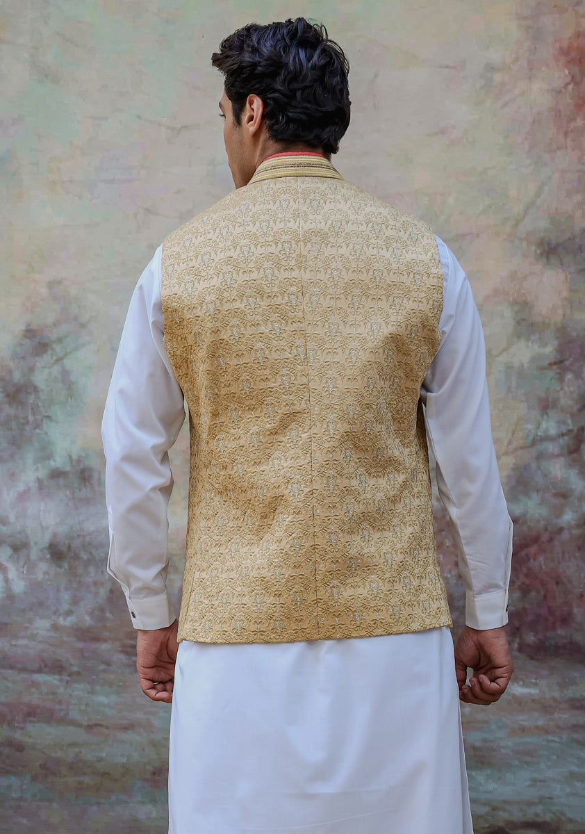 New Wheat Tonal Print Satin Waistcoat Kurta (3-Piece) - Image 2