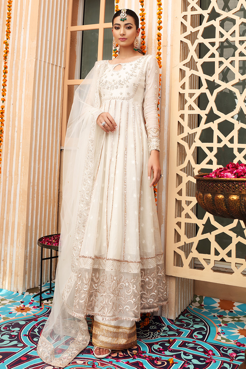 White & Gold Embroidered Cotton Net Anarkali (3-Piece) - Image 1