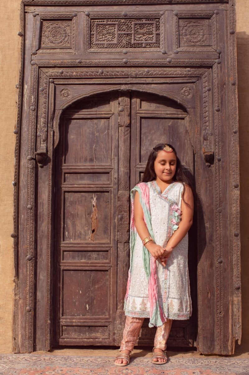 Pakistani White Embroidered Chiffon Angarkha Dress (3-Piece) - Image 1