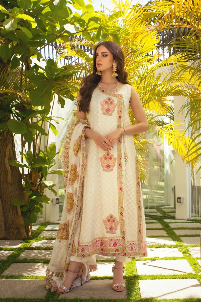 White Pink Embroidered Net Organza Angharkha (3-Piece) - Image 1