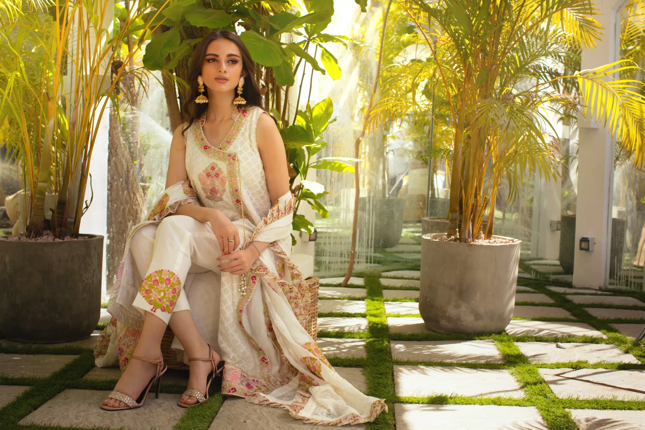 White Pink Embroidered Net Organza Angharkha (3-Piece) - Image 3