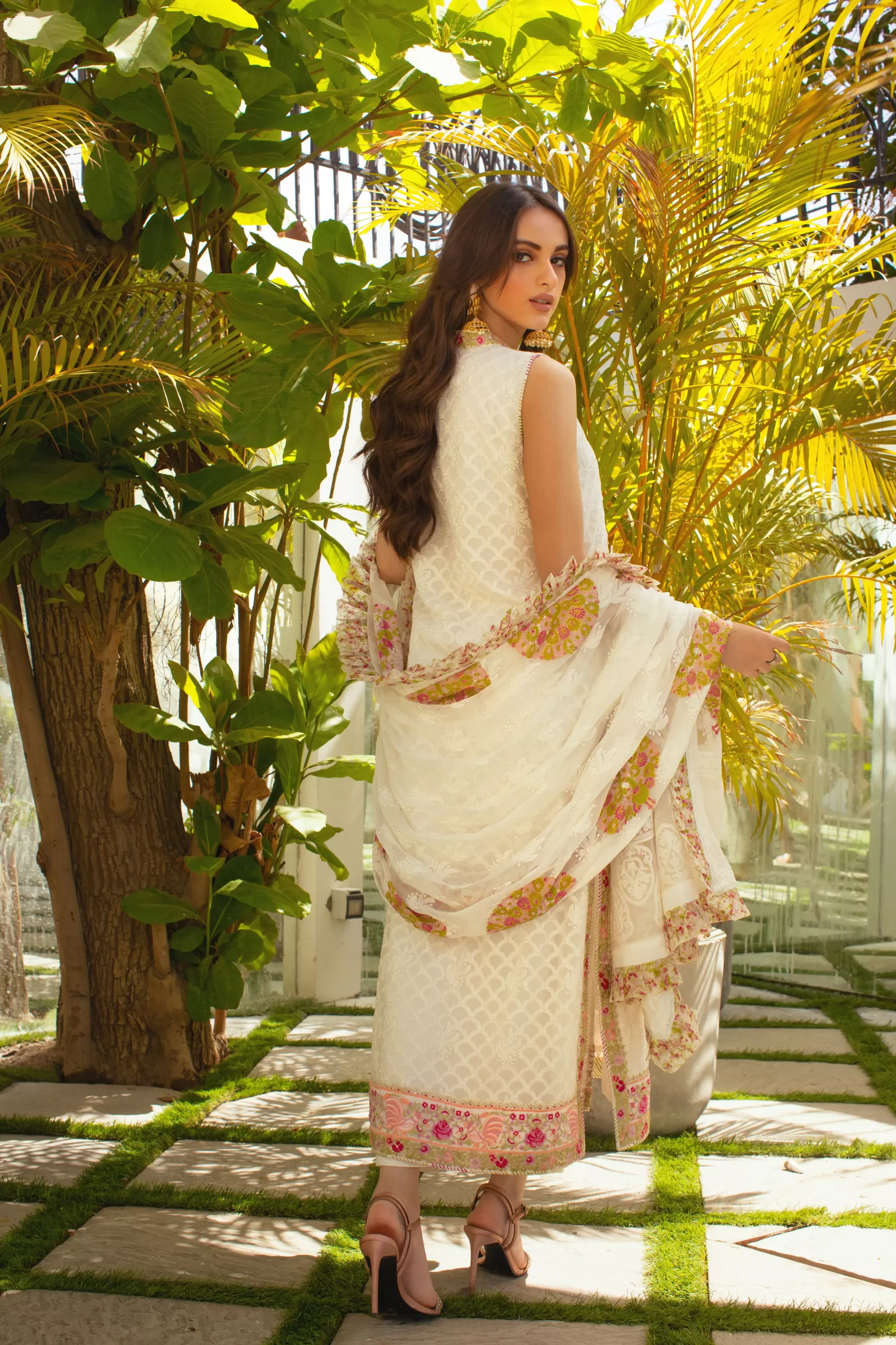 White Pink Embroidered Net Organza Angharkha (3-Piece) - Image 6