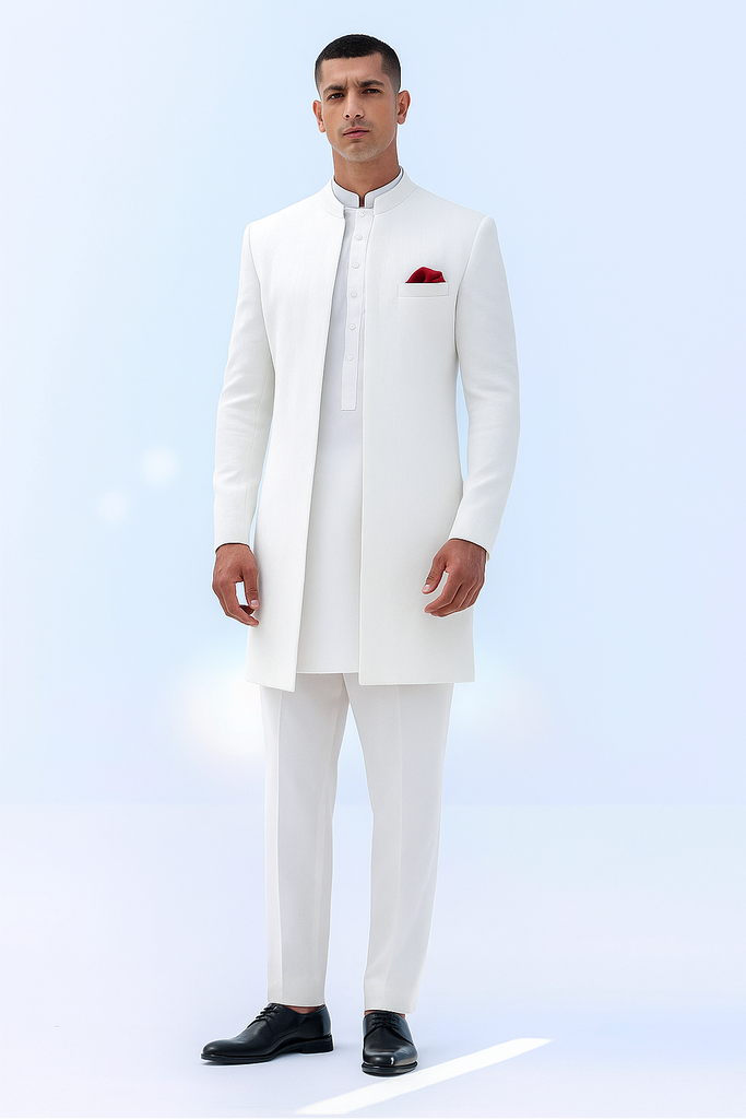 White Armani Fabric Achkan Sherwani (3-Piece) - Image 1
