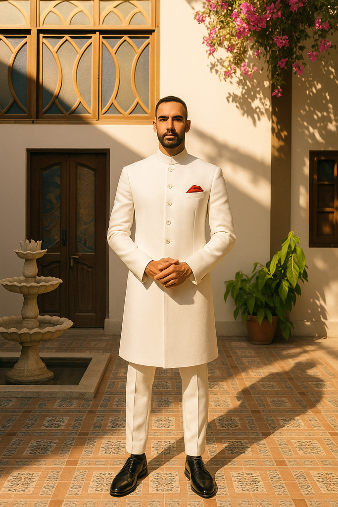 White Armani Fabric Achkan Sherwani (3-Piece) - Image 1