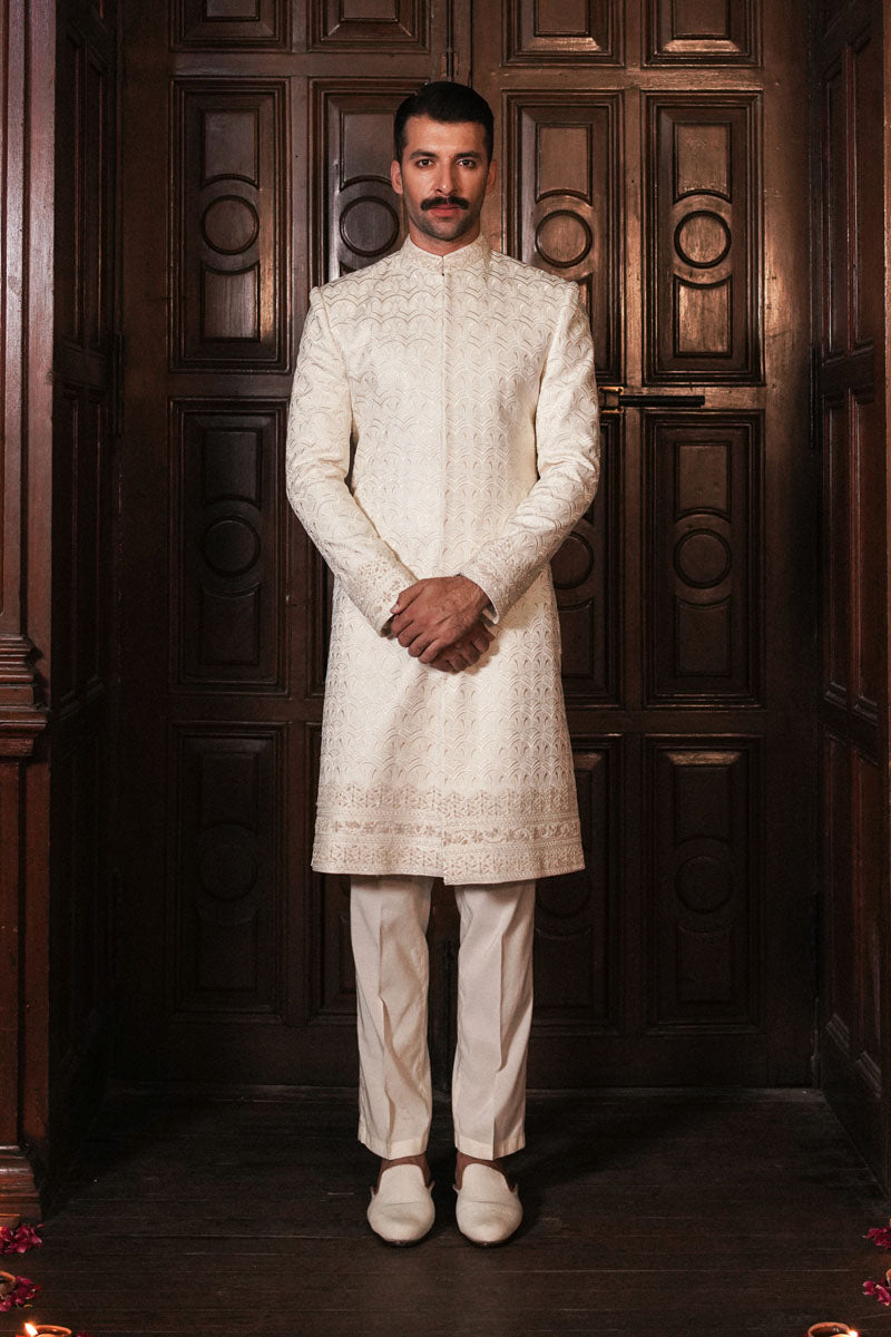 Pearl White Art Deco Jacquard Sherwani (3-Piece) - Image 1